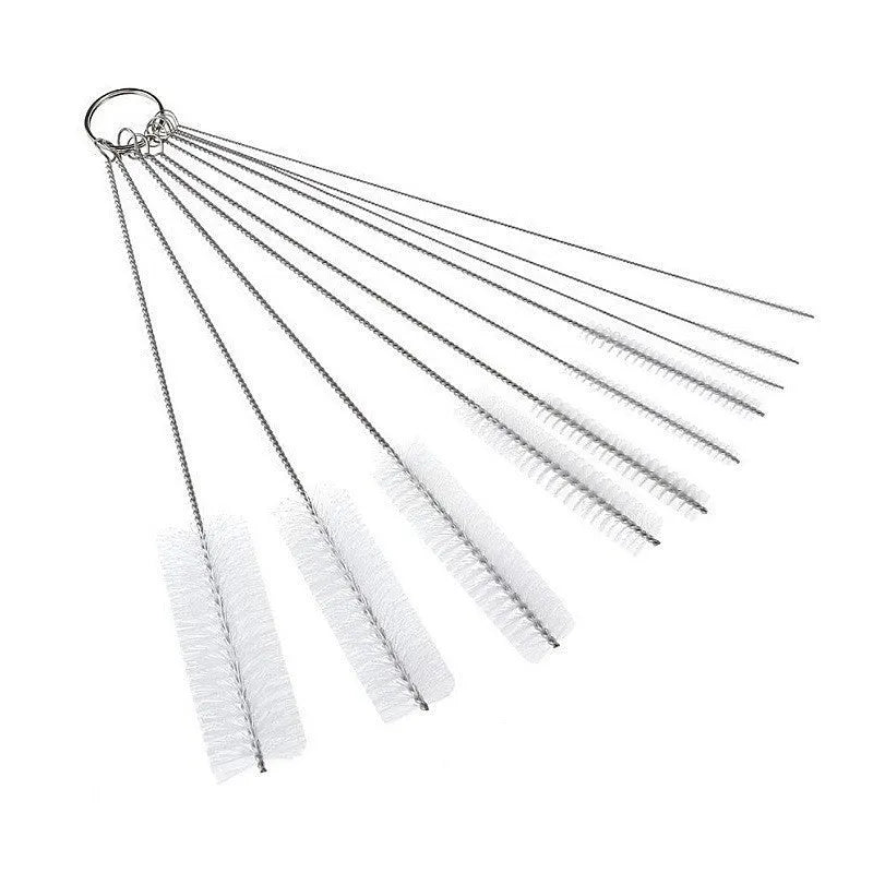 Stainless steel handle nylon bristle cleaning brushes for straws and bottles in white and black.