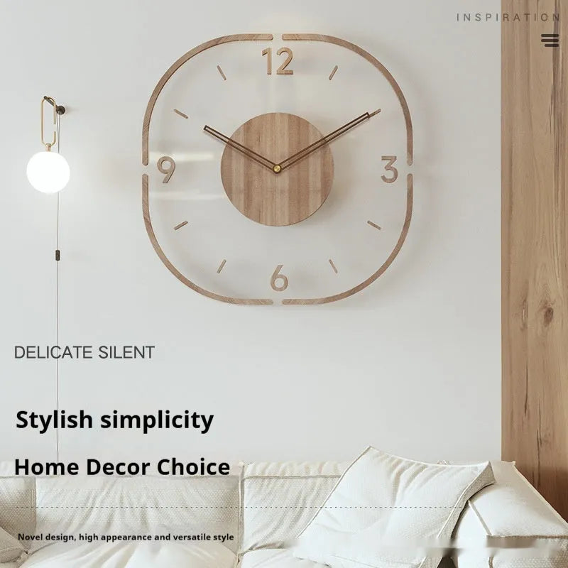 Transparent wooden frame wall clock with modern design showing 35cm square dimensions