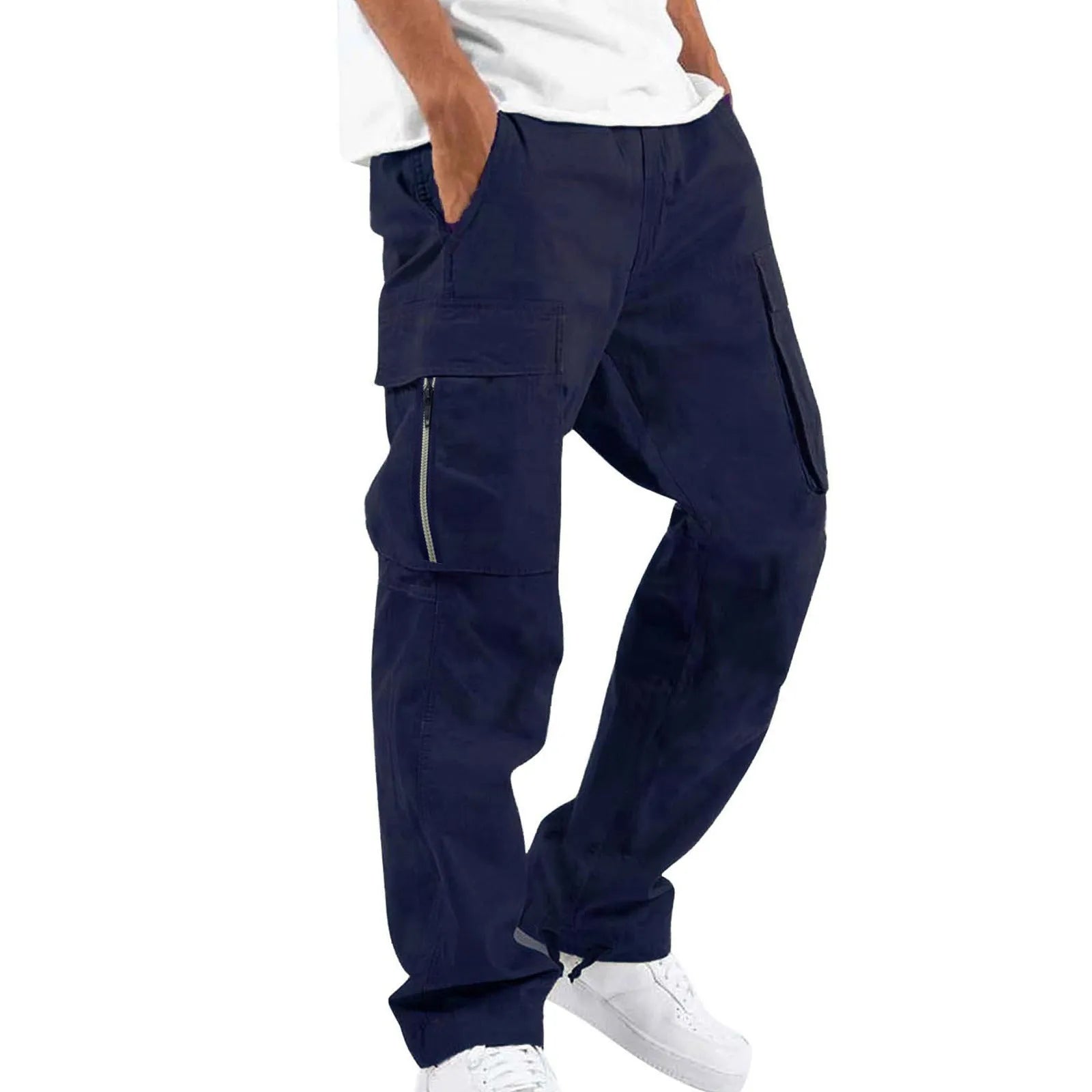 Men's cotton blend work trousers in army green with drawstring elastic waist, side view