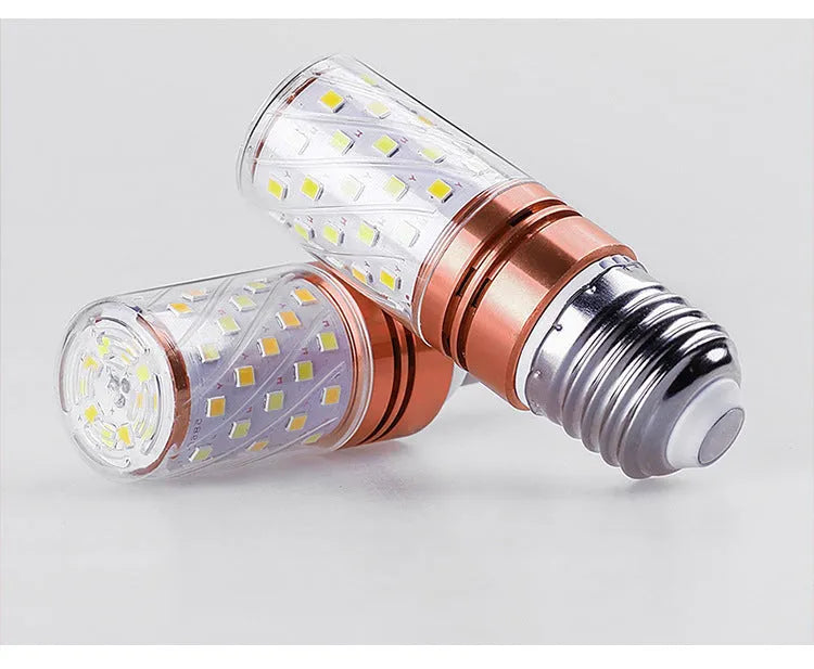 E14 screw base 12W LED corn light bulb with three colour temperature options shown.