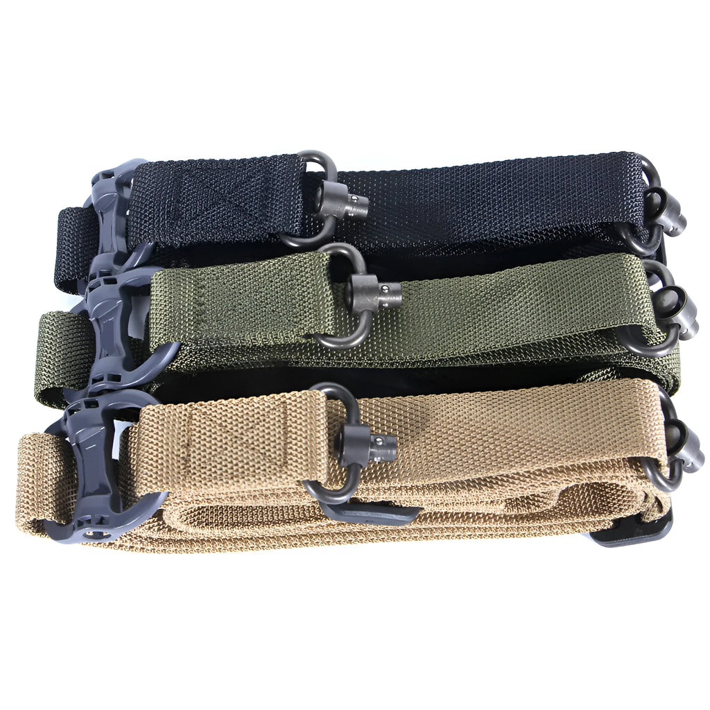 Black nylon tactical multifunctional strap rope with metal buckle, shown fully extended