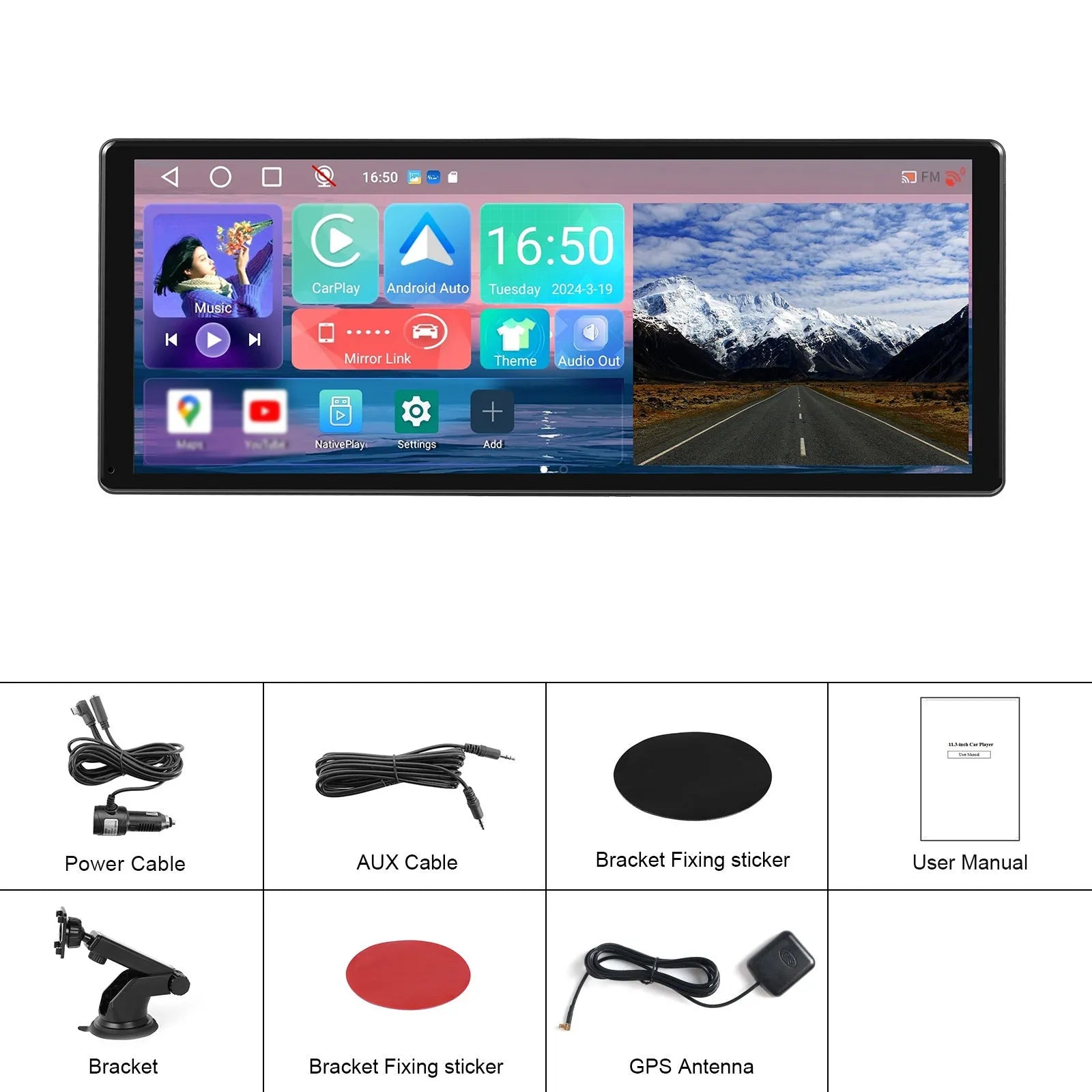 11.3 inch Android car display touchscreen with wireless CarPlay and Android Auto on dashboard