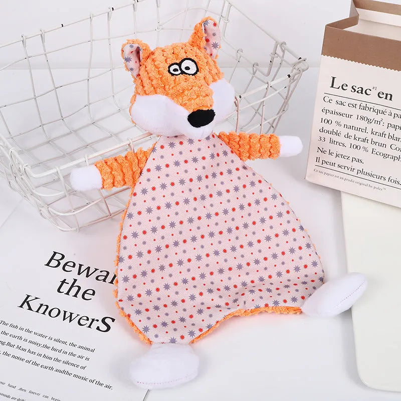 Brown, grey, or orange velvet plush pet toy shaped like a fox elephant with crinkly sound paper inside