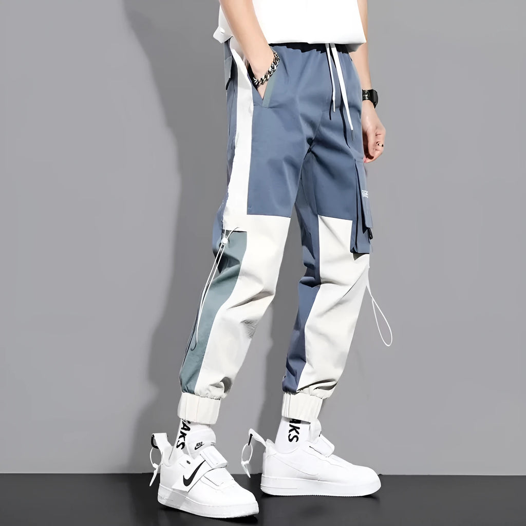 Men's cotton ankle-tied drawstring casual pants in 31 Black, skinny fit, side view