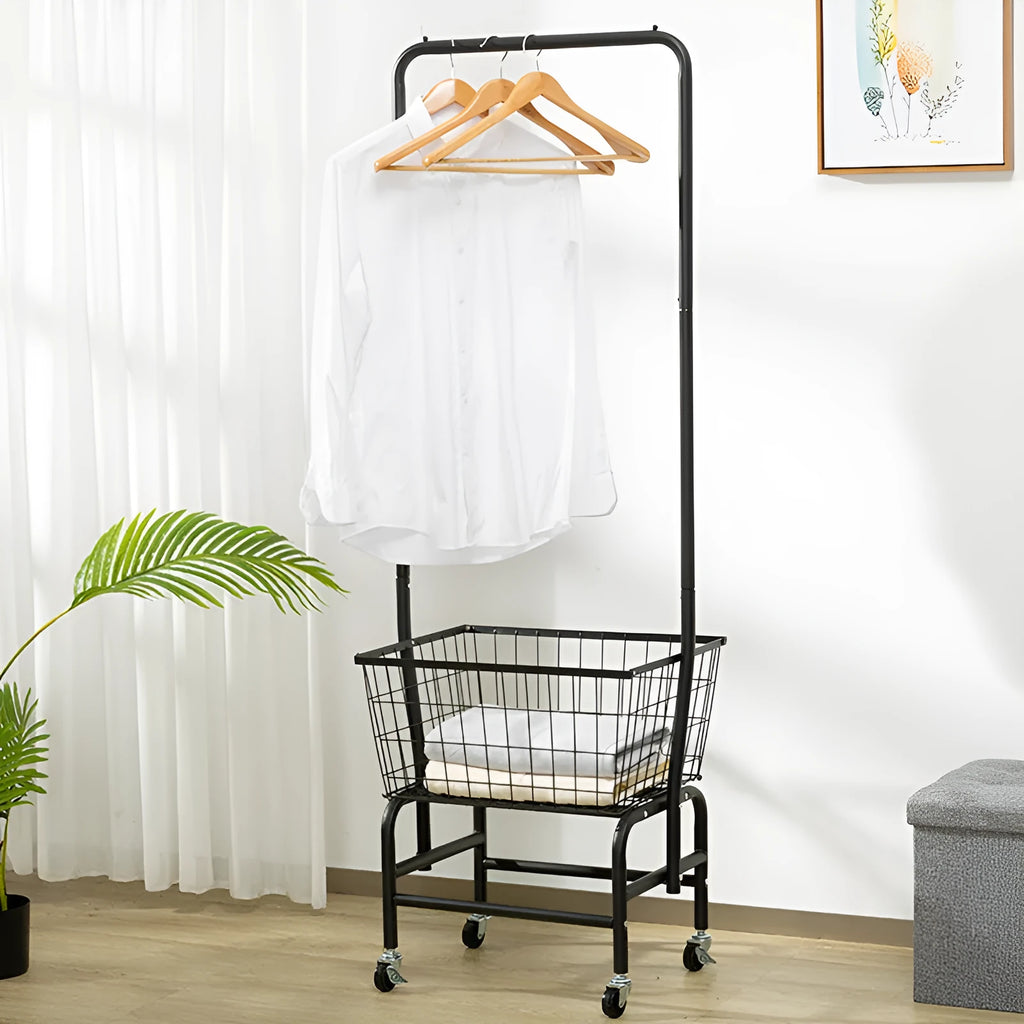Single rod iron pulley storage cart with extendable rail in black or white finish