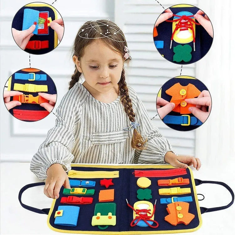 Soft felt busy board for toddlers with dressing and buttoning activities, foldable design, colourful style