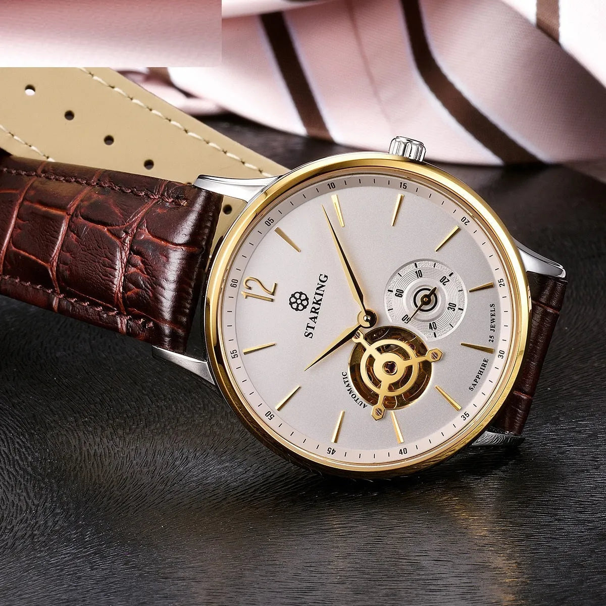 Men's automatic mechanical watch with brown leather strap, white dial, and stainless steel case.