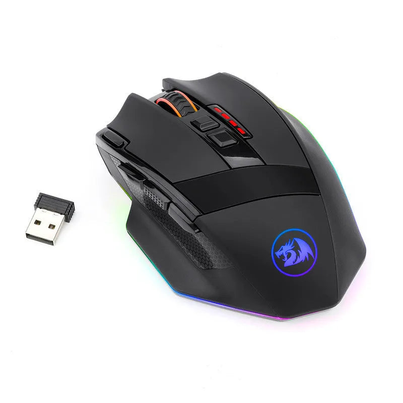 Black Redragon M801P dual-mode wireless and wired gaming mouse with multiple side buttons.