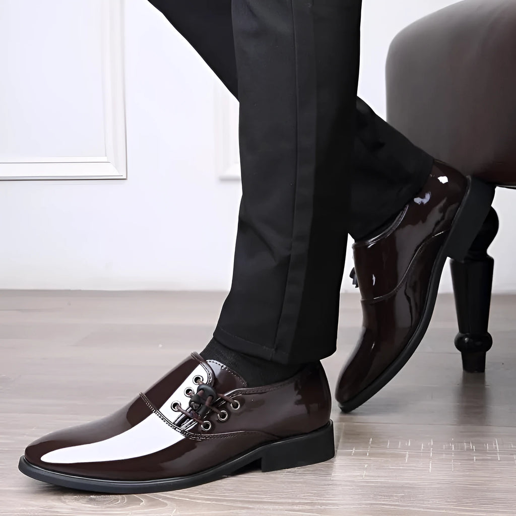 Men's black and brown business formal shoes with square heel and round toe