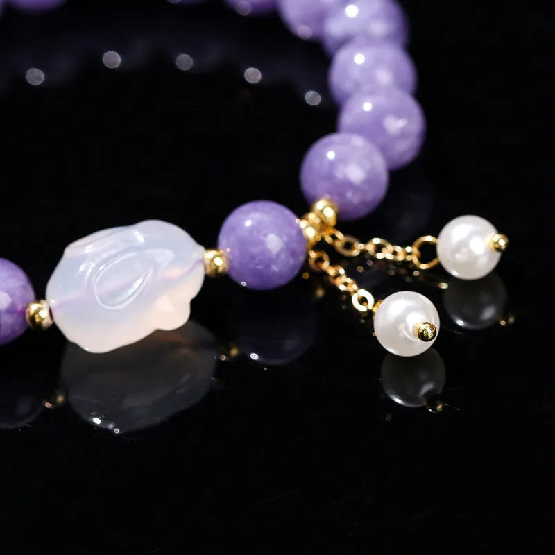 Purple aquamarine chalcedony lychee jelly agate rabbit bracelet with geometric design and round elements