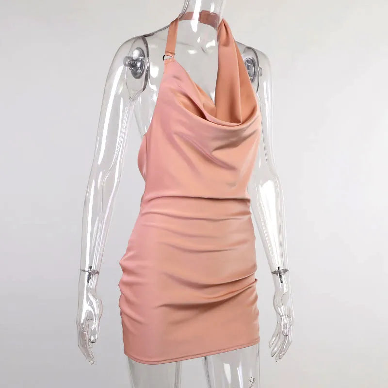 Satin V-neck backless party dress with adjustable spaghetti straps, ruched sides, available in black, pink, white