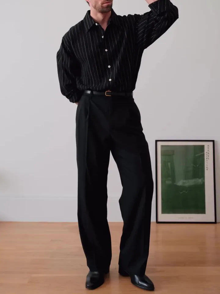 Black pinstripe polyester button-down shirt with regular fit and long sleeves
