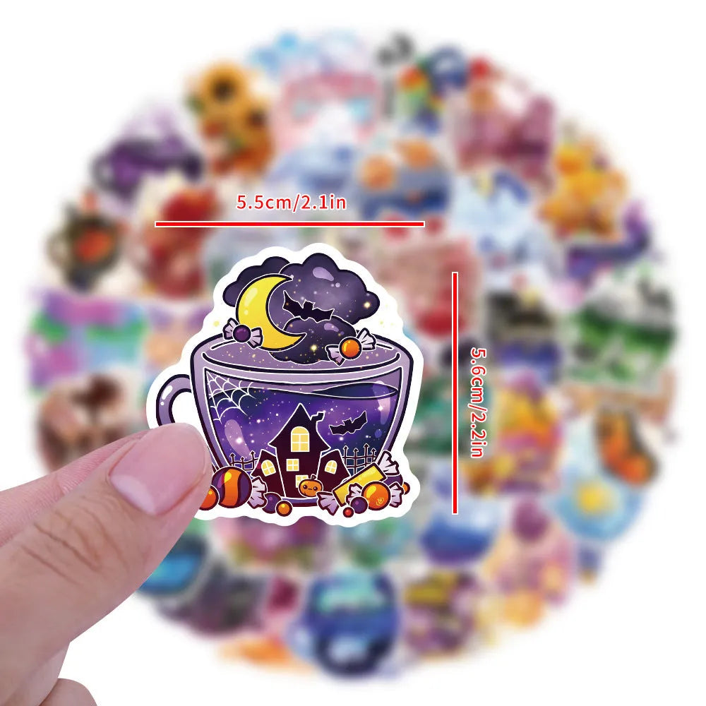 Pack of 50 colourful tea cup graffiti design vinyl stickers for scooters and luggage.