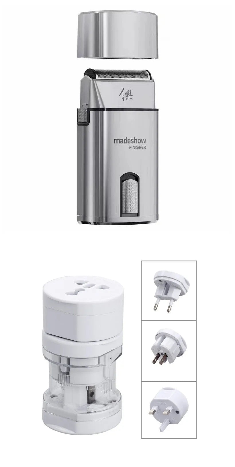 Silver 36W USB rechargeable electric shaver with stainless steel cutter head on white background