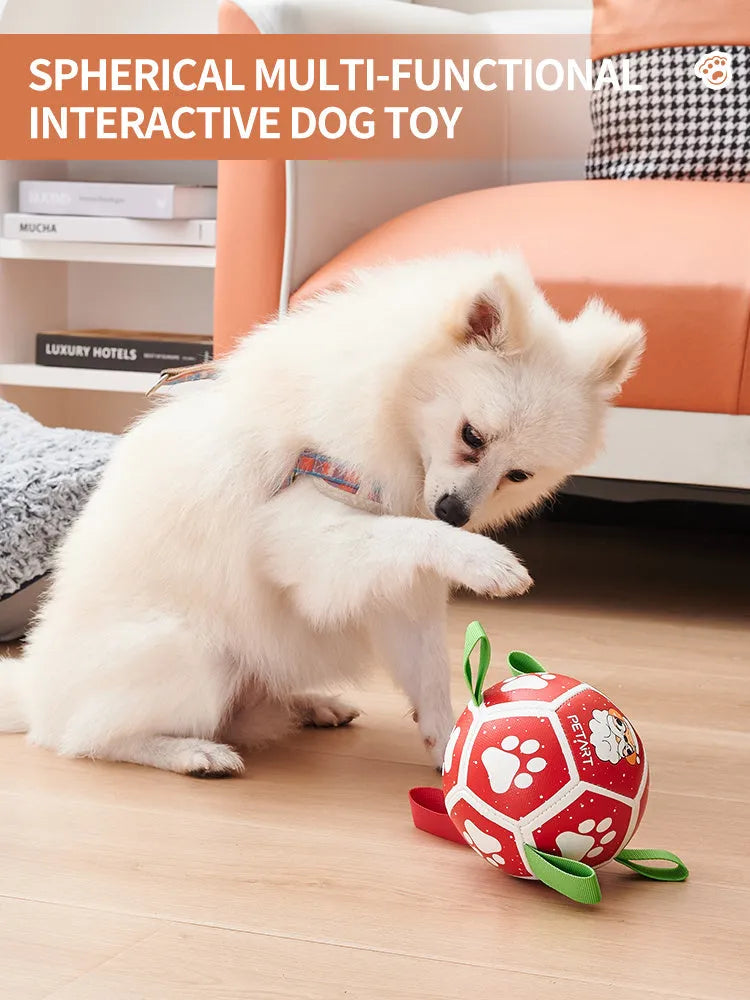 Dog soccer ball toy with straps in Christmas and Halloween colours for tug of war and water play
