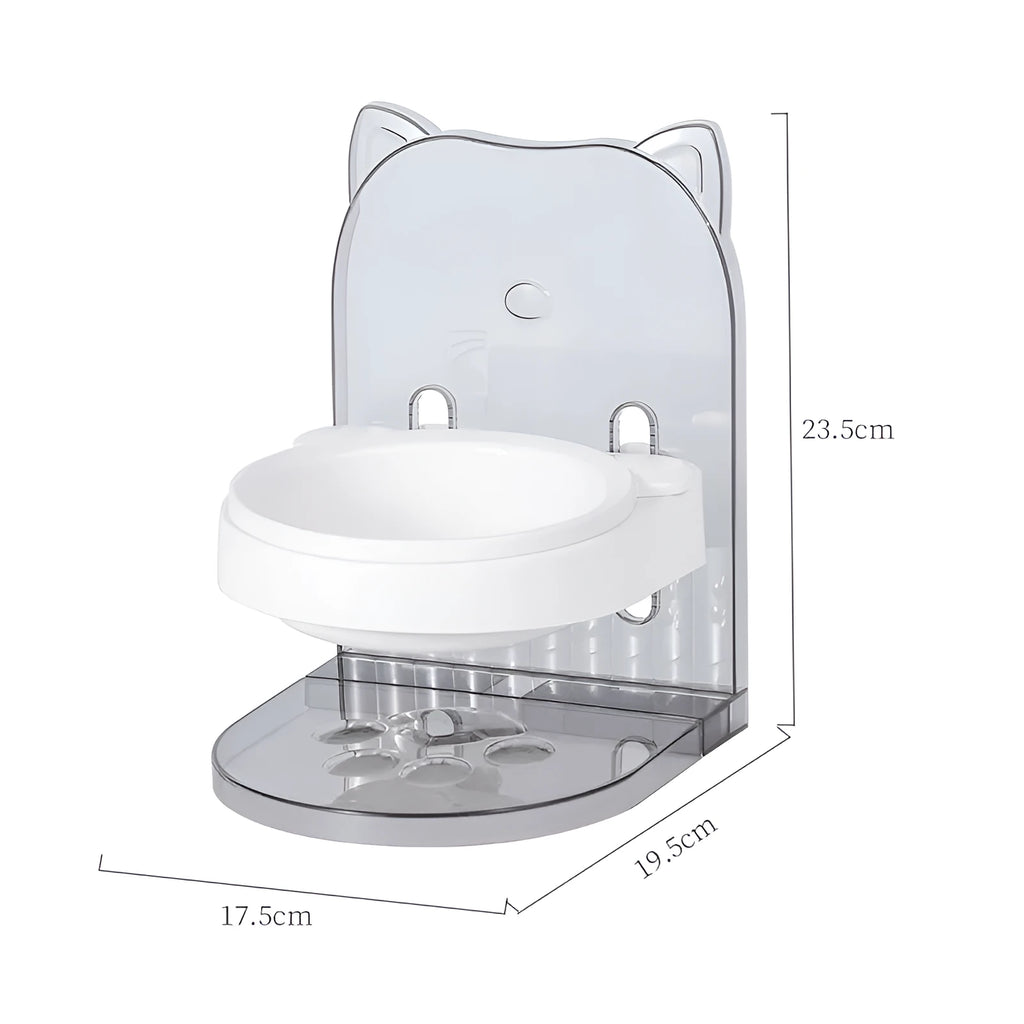 Grey adjustable height cat feeding bowl with anti-spill neck protection hanging on cage bars.