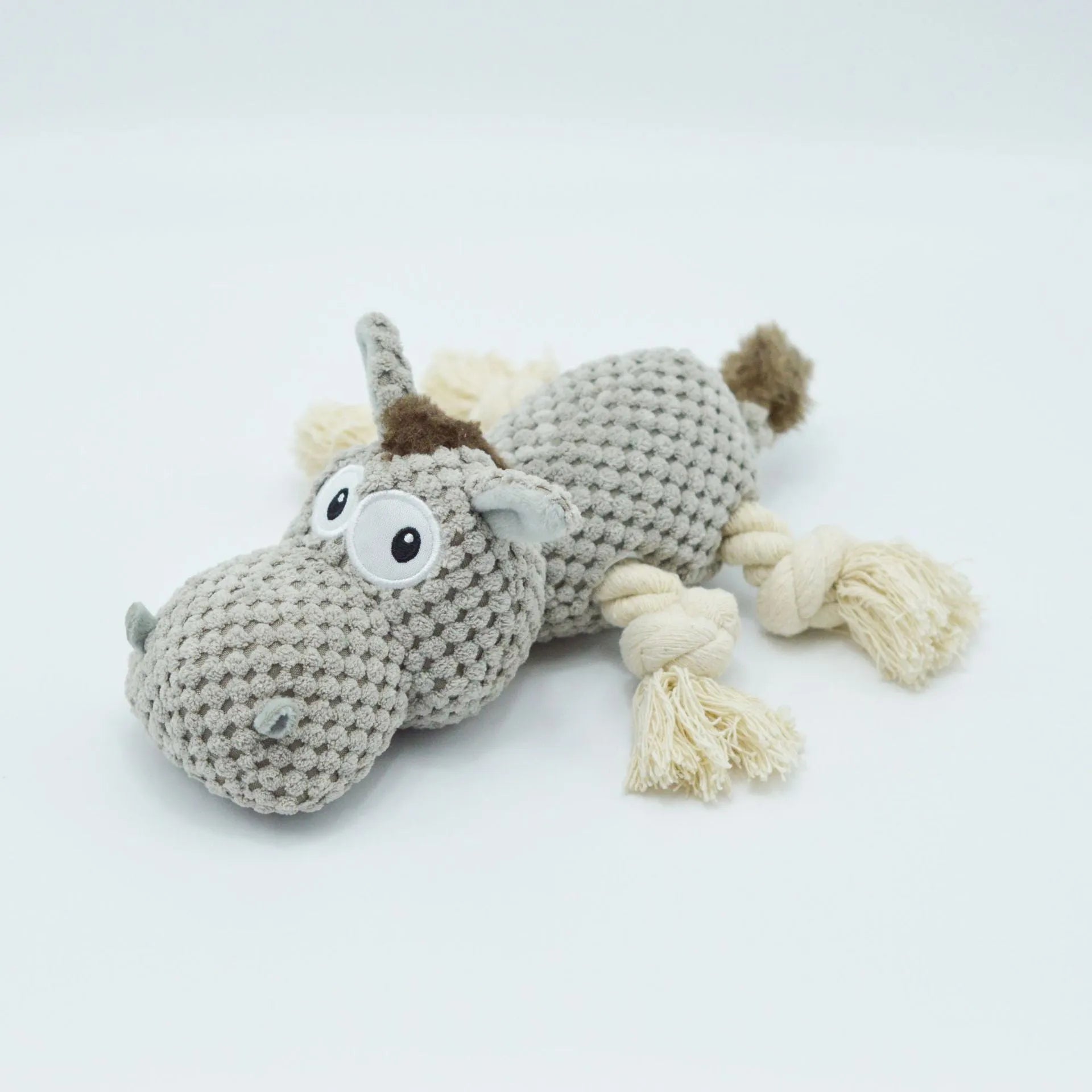 Grey donkey-shaped plush dog toy with squeaker and crinkle sound.