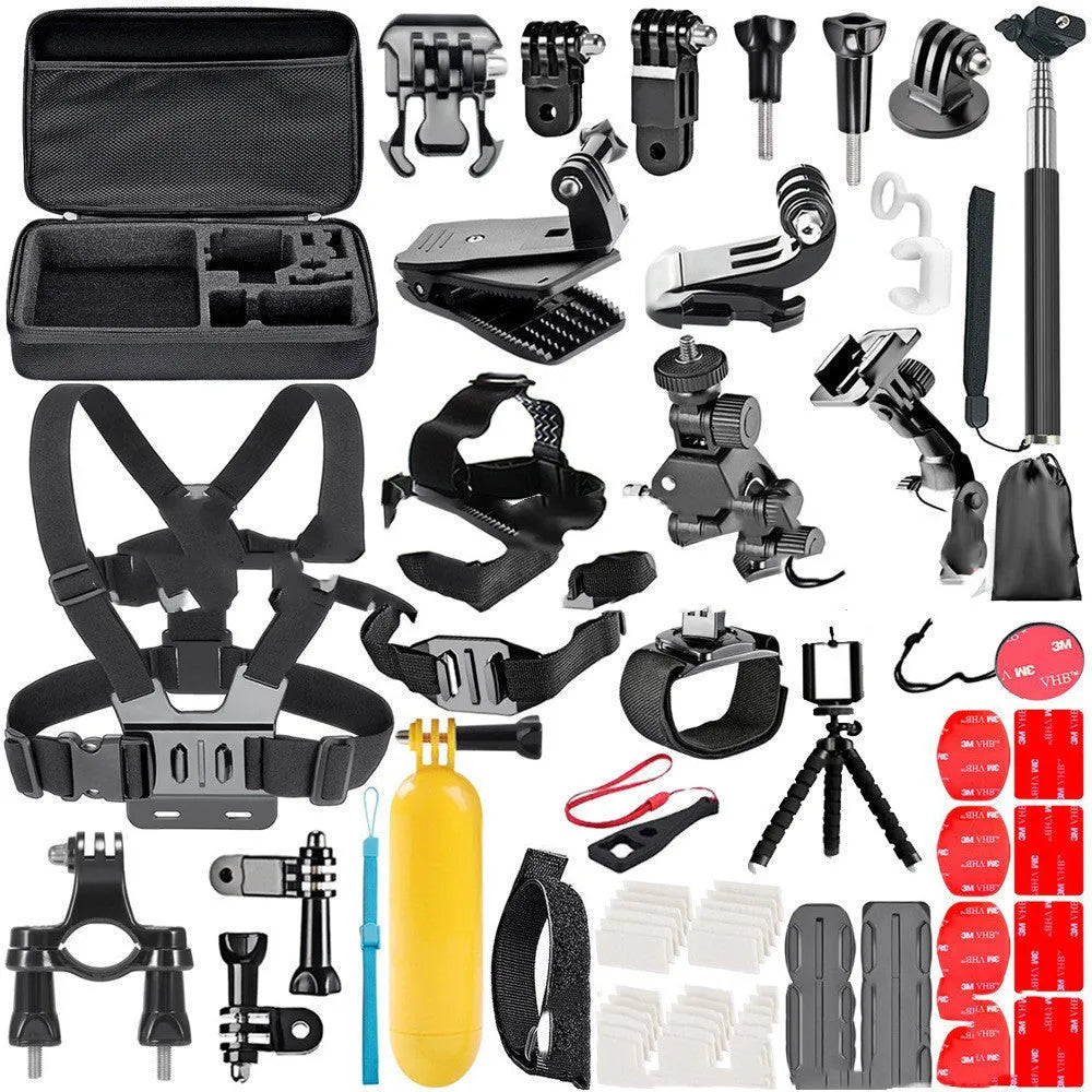 Black GoPro accessories set showing a chest strap, helmet mount, and compact tripod for Hero 4, 3, and 2 cameras