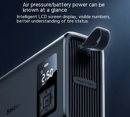 Black portable electric car tyre inflator with digital display, hose, and Type-C charging port
