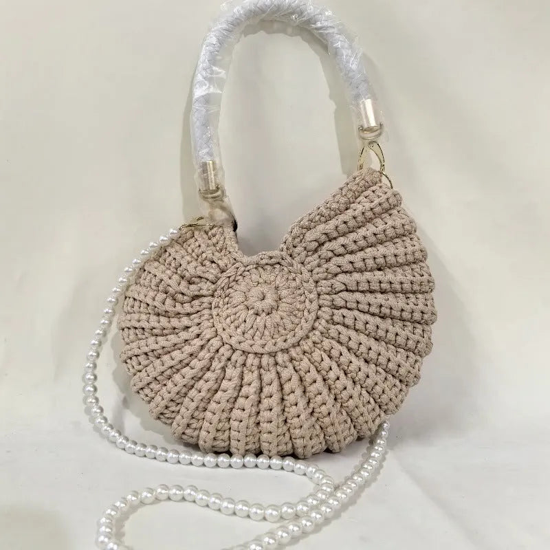 Round handmade woven crossbody bag with pearl chain strap, 25x25cm, polyester, multiple colour options