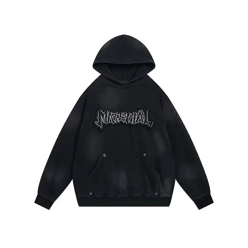 American vintage distressed graffiti hoodie in black, loose fit pullover, long sleeve, polyester fabric