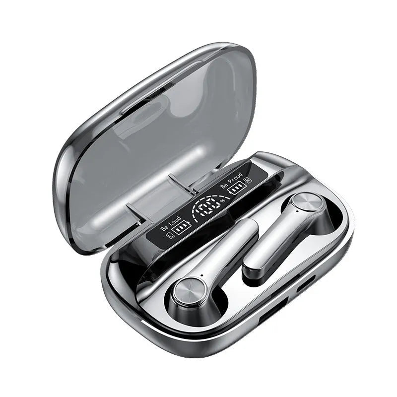 Wireless black Bluetooth sports earbuds with touch controls shown in a charging case.