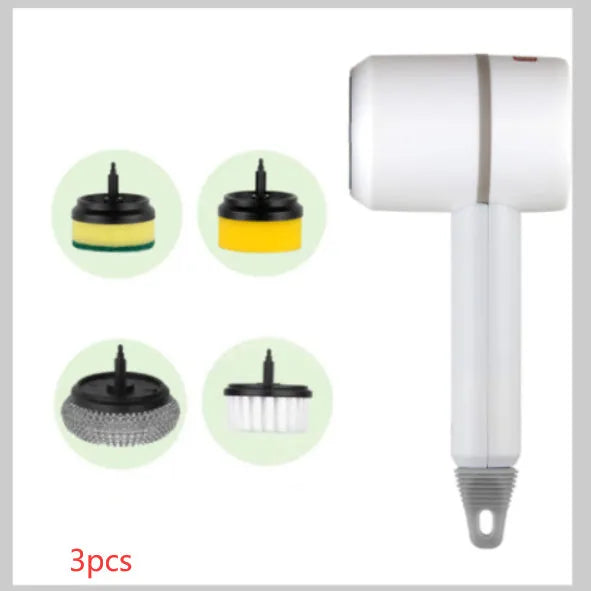 Green electric cleaning brush with three interchangeable scouring pad, brush, and sponge heads on a white background.