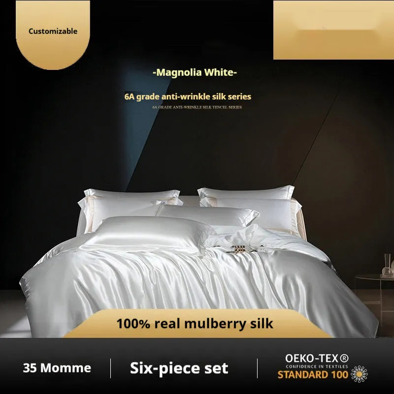 Household Fashion silk duvet cover and pillowcases in Morandi Pink colour on a bed