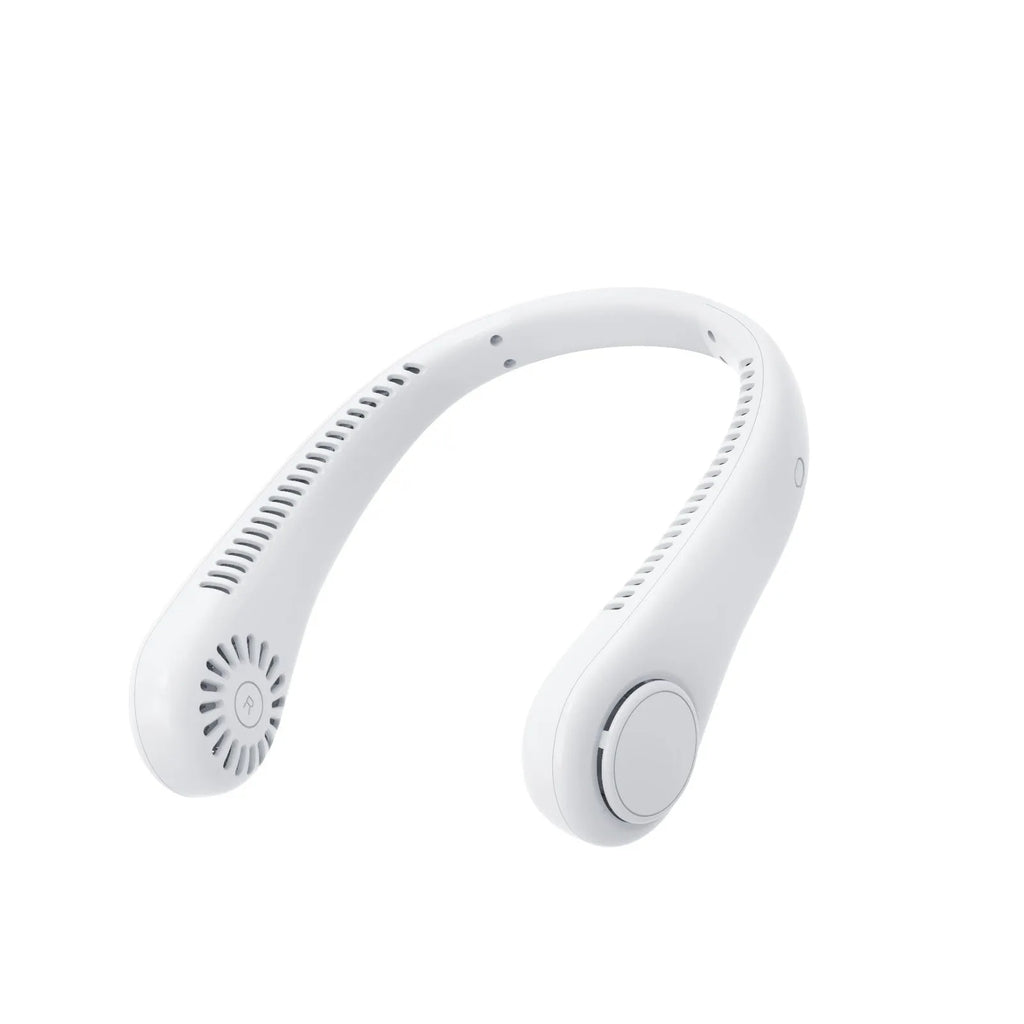 White rechargeable bladeless neck fan hanging around neck showing annular air outlet design