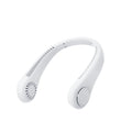 White rechargeable bladeless neck fan hanging around neck showing annular air outlet design
