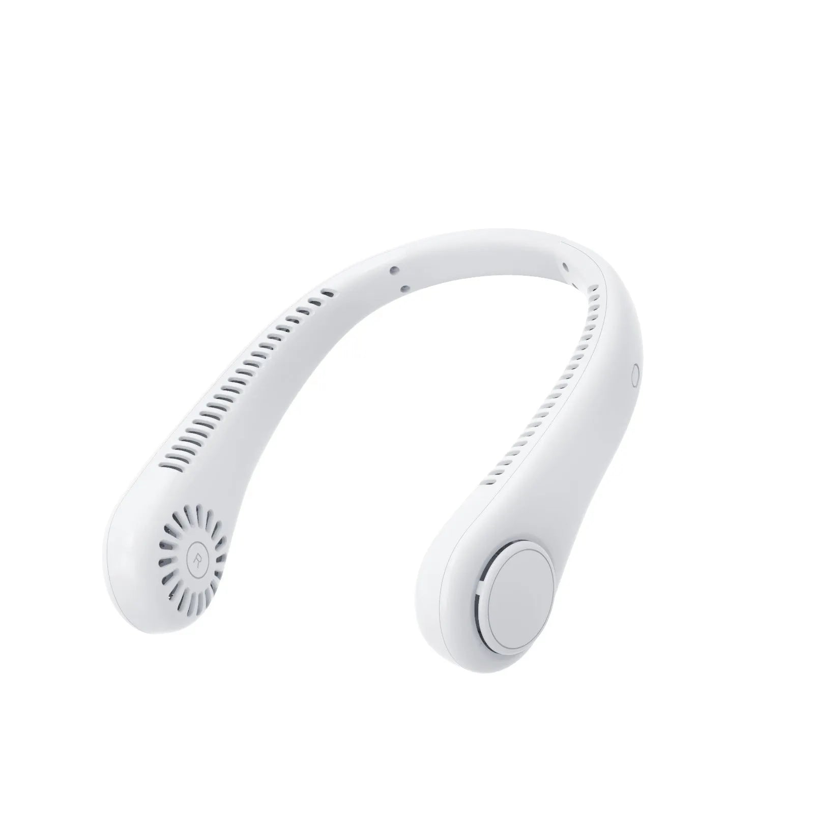 White rechargeable bladeless neck fan hanging around neck showing annular air outlet design