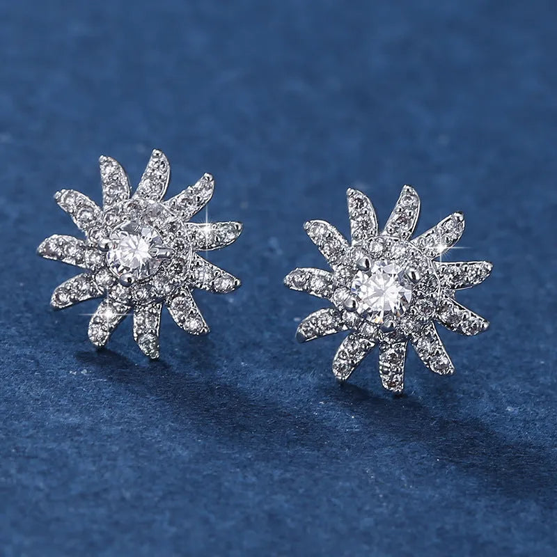 SUNFLOWER advanced ear studs in gold white and platinum white with zircon mosaic on copper base