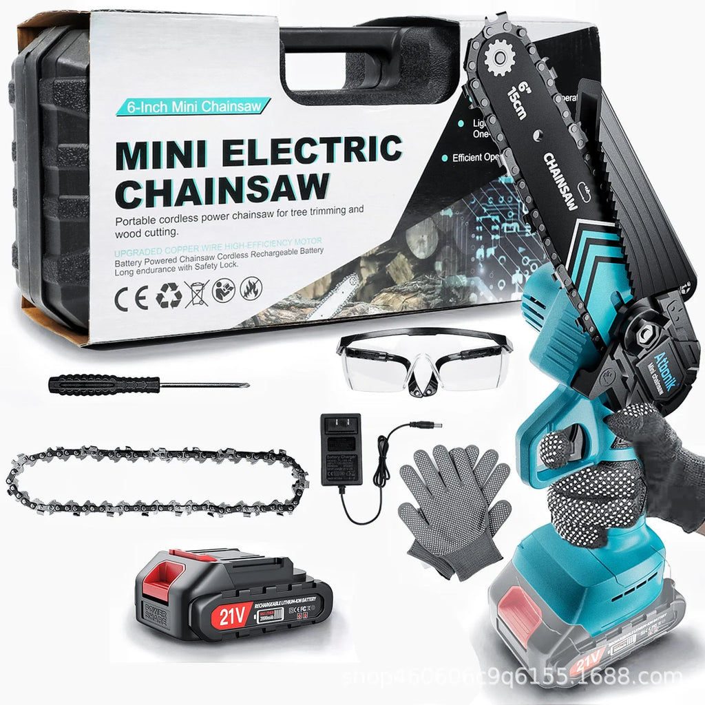 6-inch handheld cordless electric chainsaw with two batteries, safety goggles, gloves, and tools in a storage box