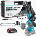 6-inch handheld cordless electric chainsaw with two batteries, safety goggles, gloves, and tools in a storage box