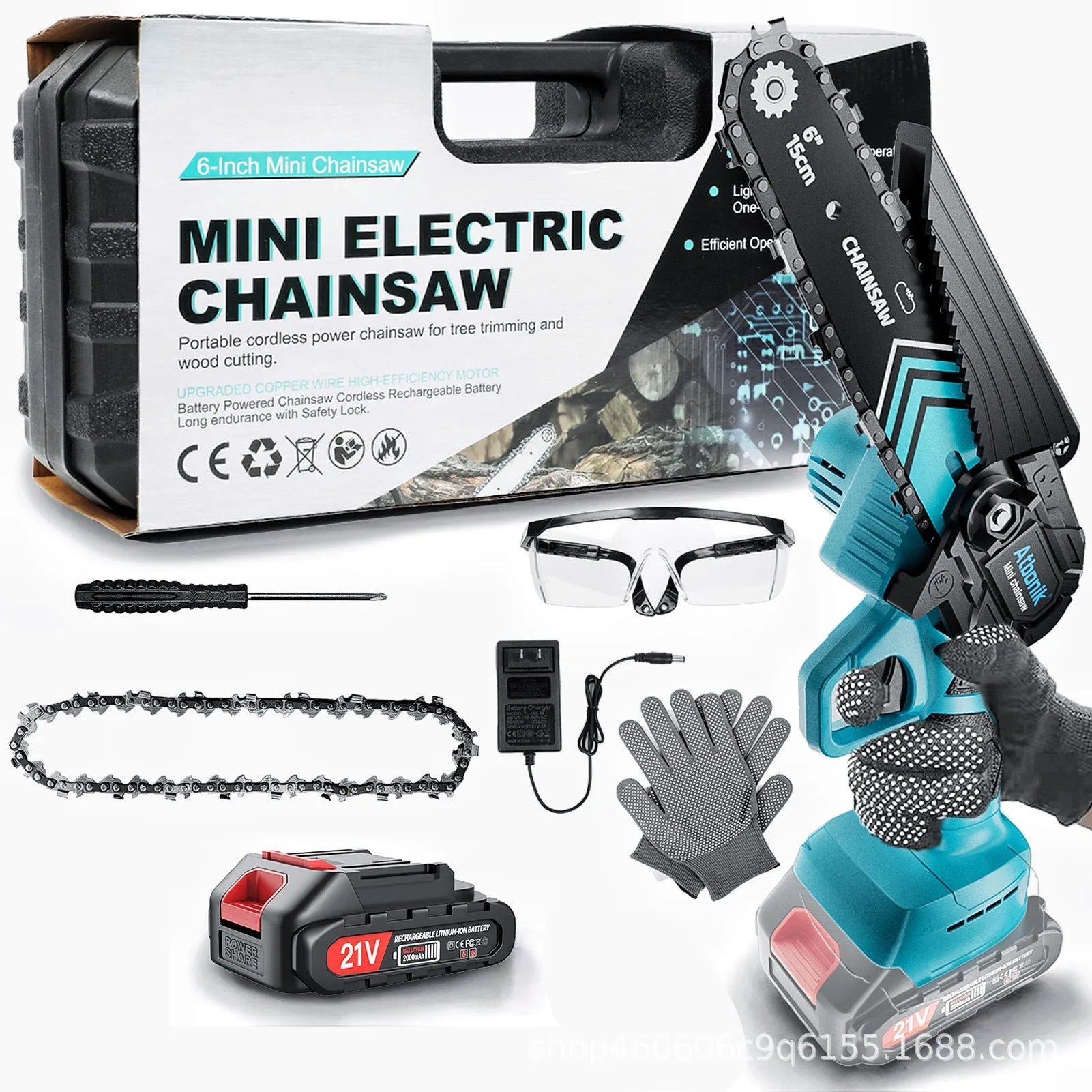 6-inch handheld cordless electric chainsaw with two batteries, safety goggles, gloves, and tools in a storage box