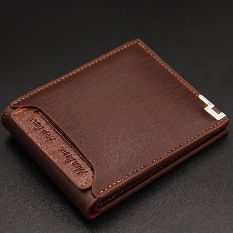 Men's black PU leather short wallet with iron-edge construction showing card slots and note compartment