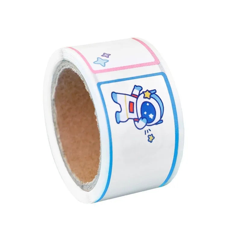 Roll of cartoon name tape stickers showing dinosaur, astronaut, rabbit and girl designs for student organisation