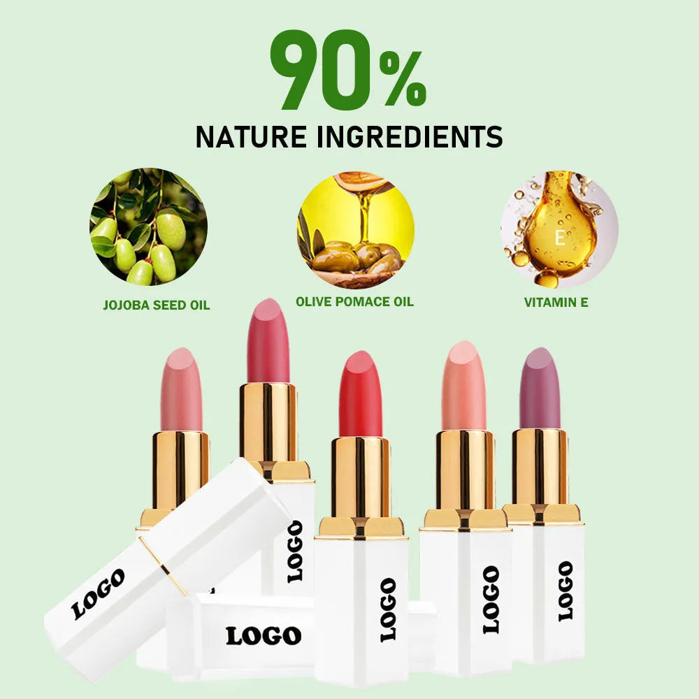 Matte finish waterproof lipstick in one of 24 colours, showing long-lasting nonstick lip colour.