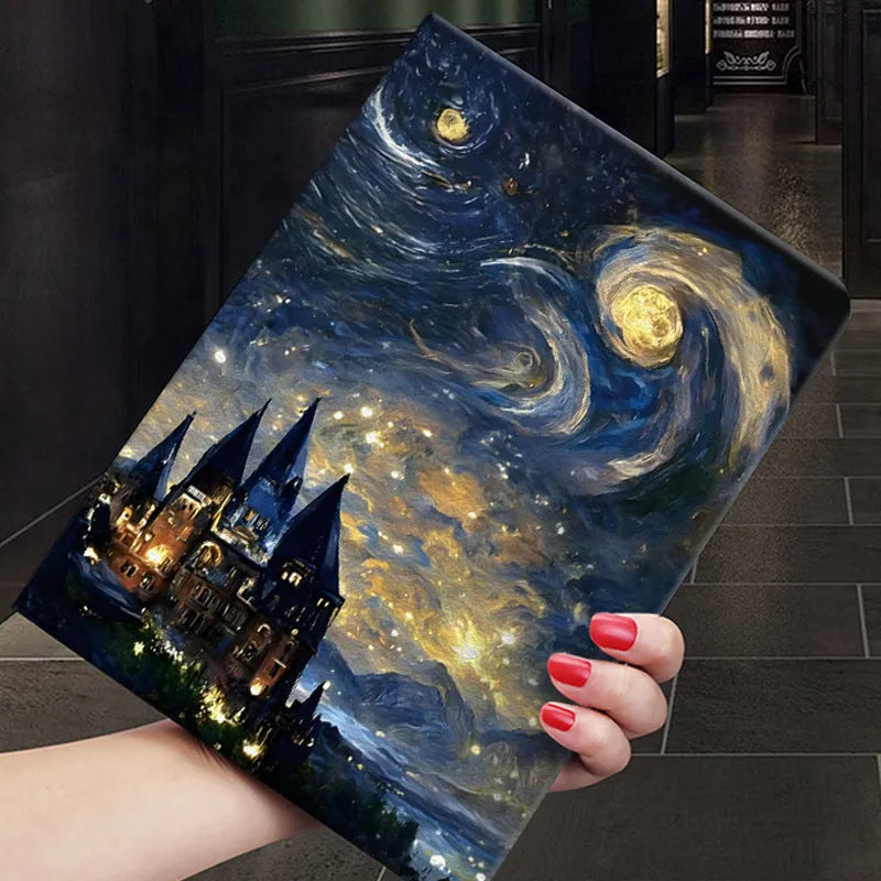 Handmade liquid silicone iPad flip case with floral oil painting design in Apricot Flower colour