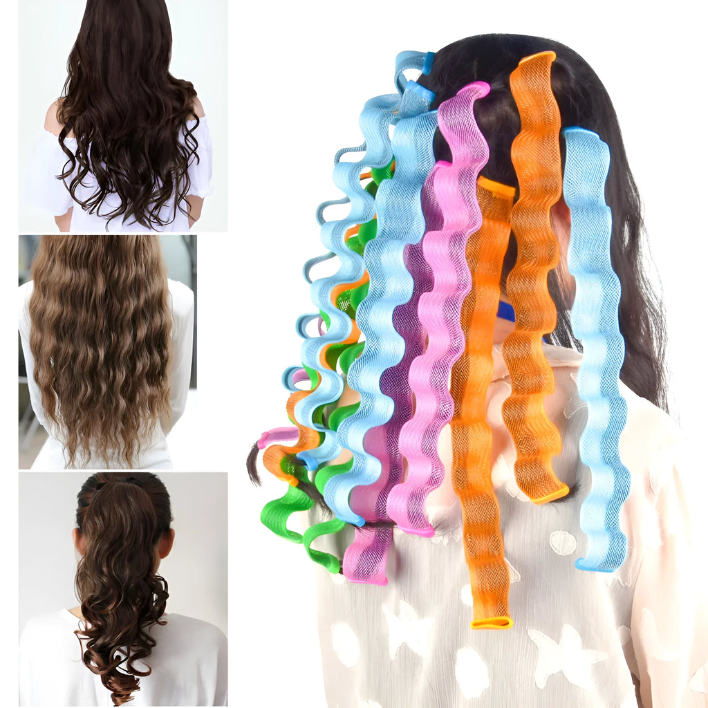 Twelve manual hair curlers in blue orange on a flat surface, 30cm length per curler