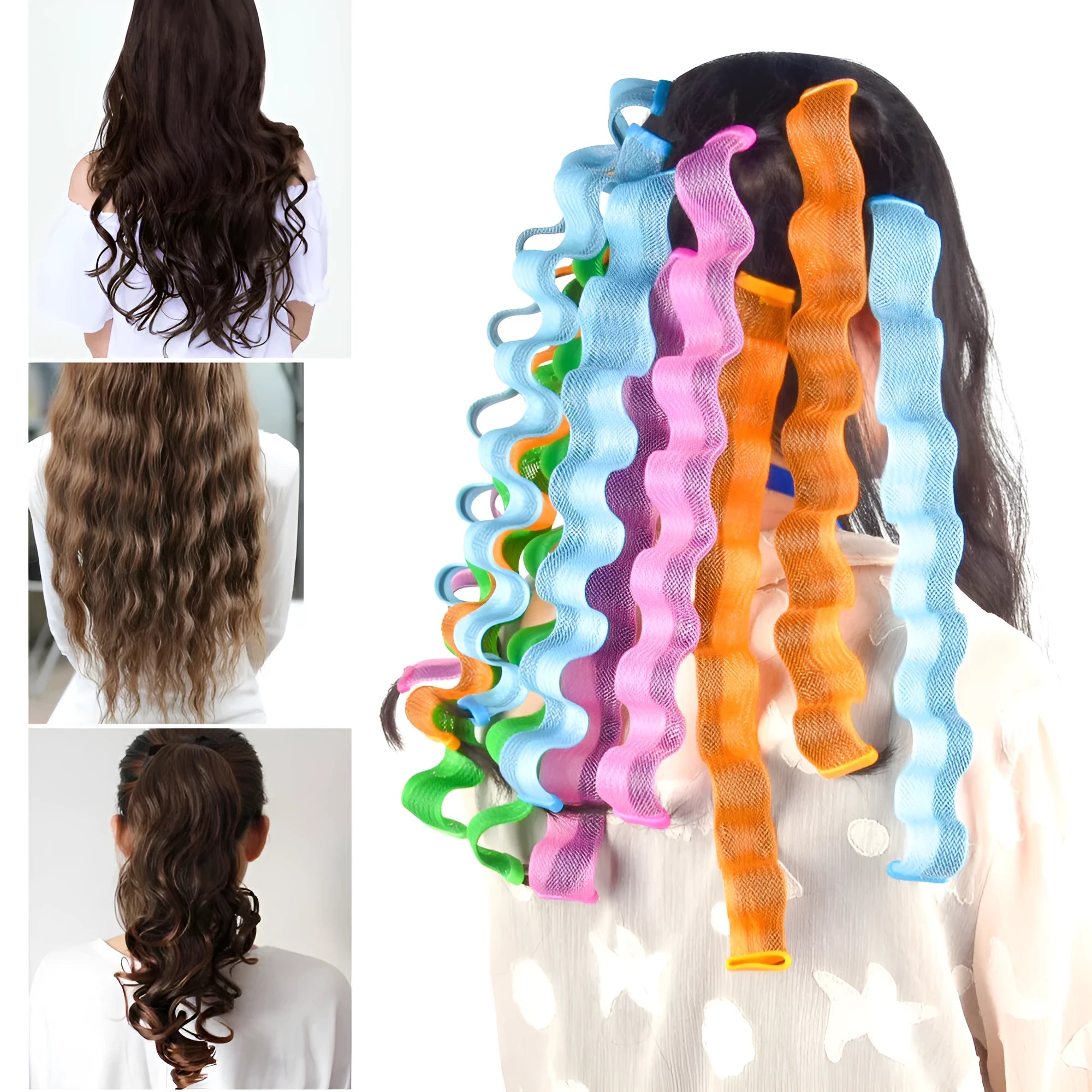 Twelve manual hair curlers in blue orange on a flat surface, 30cm length per curler