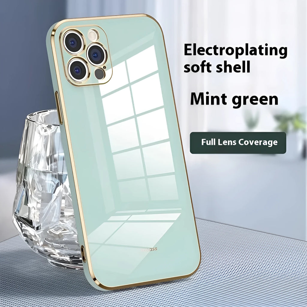 iPhone 15/16 case with 6D straight electroplated edge in mint green, showing back and side profile.