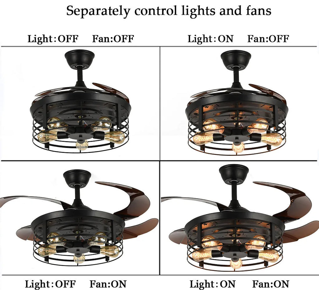 American retro style ceiling fan lamp with remote control on a white background, showing acrylic shade and concealed blades.