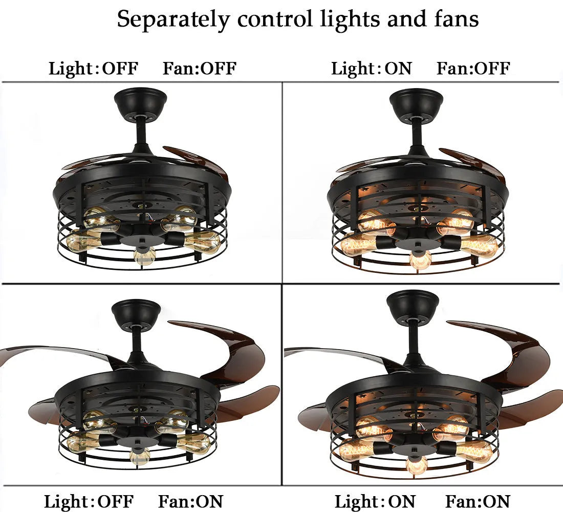 American retro style ceiling fan lamp with remote control on a white background, showing acrylic shade and concealed blades.
