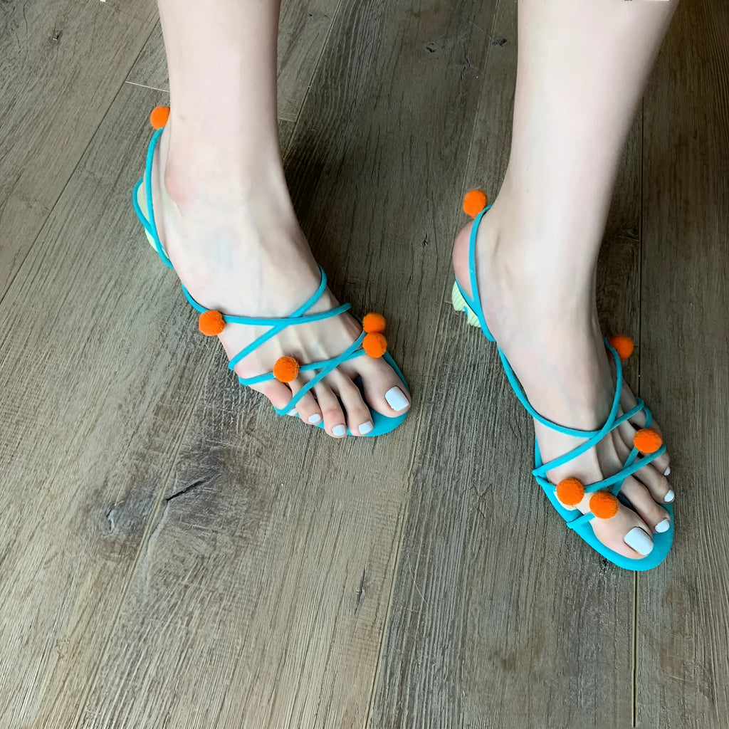 Cyan French genuine leather high-heeled sandals with niche ball lace-up design and open toe