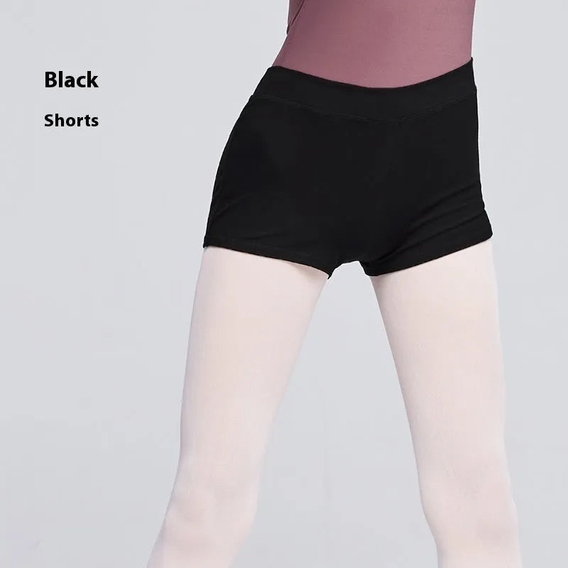 Black cotton women's ballet practice shorts laid flat.
