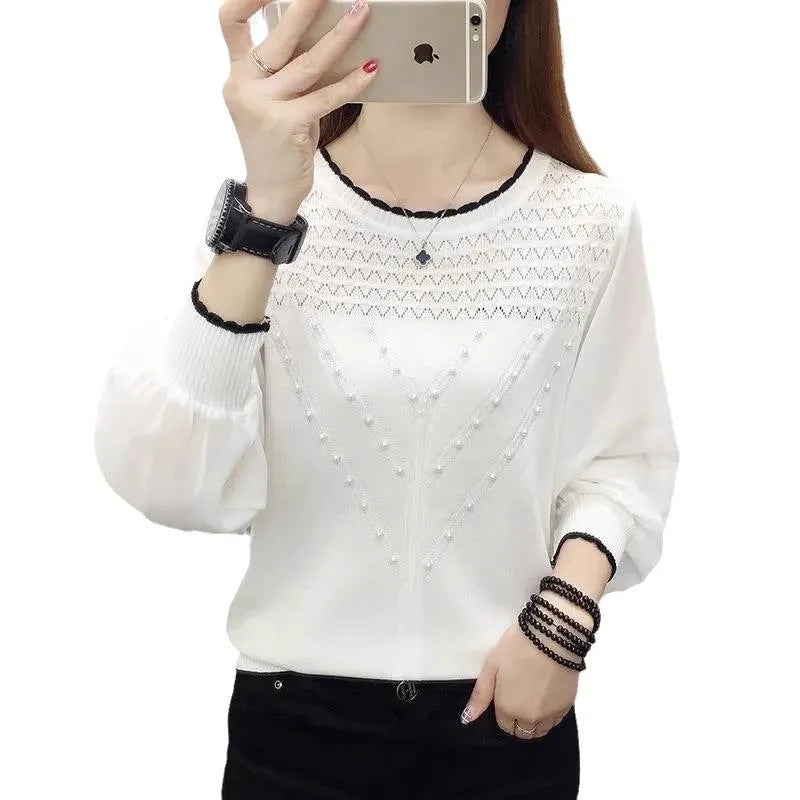 Womens chiffon ice silk knitted bottoming shirt long sleeve round neck loose fit in black