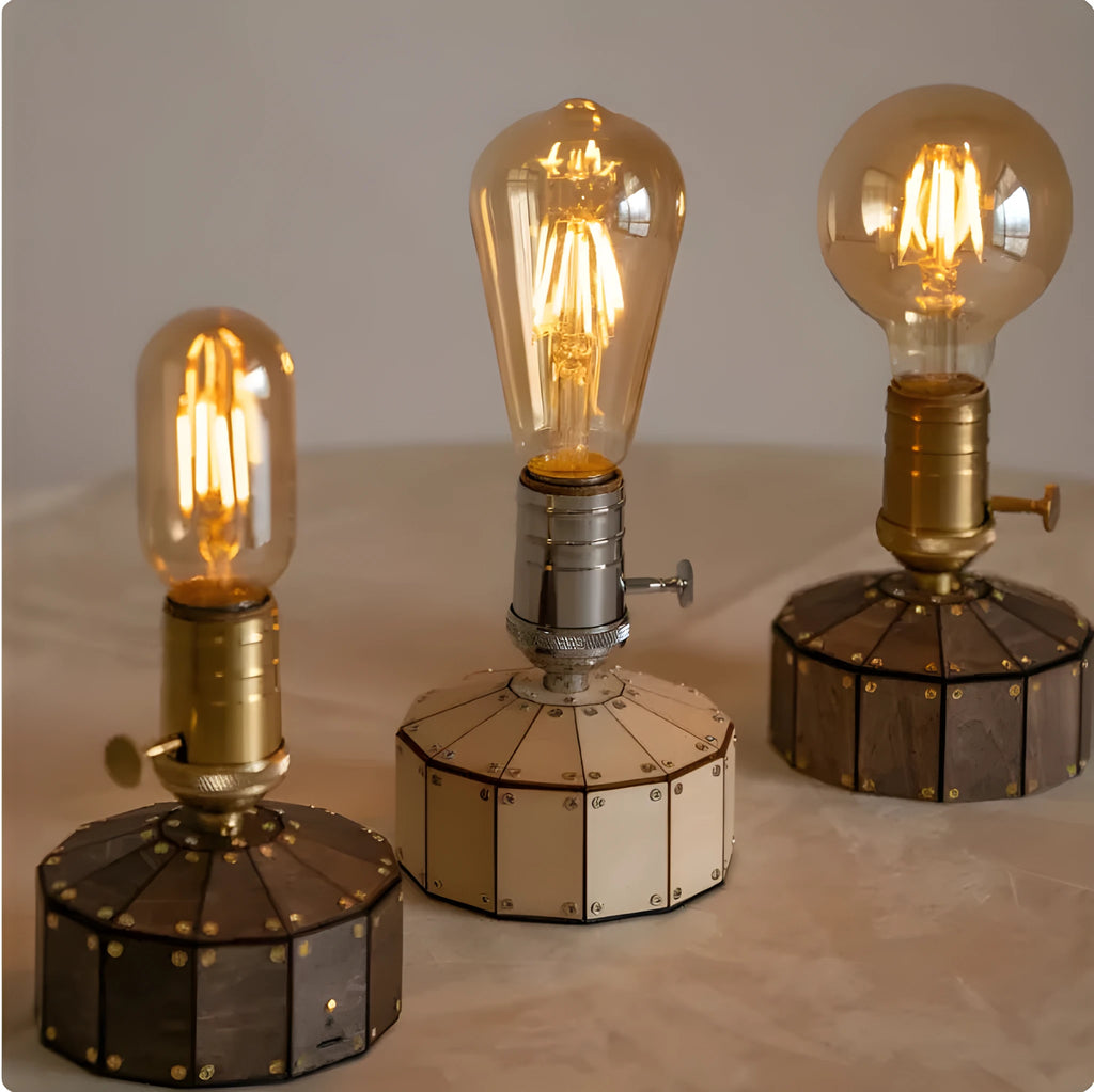 Retro wooden base desk lamp with vintage ST64 LED bulb and USB charging cable.