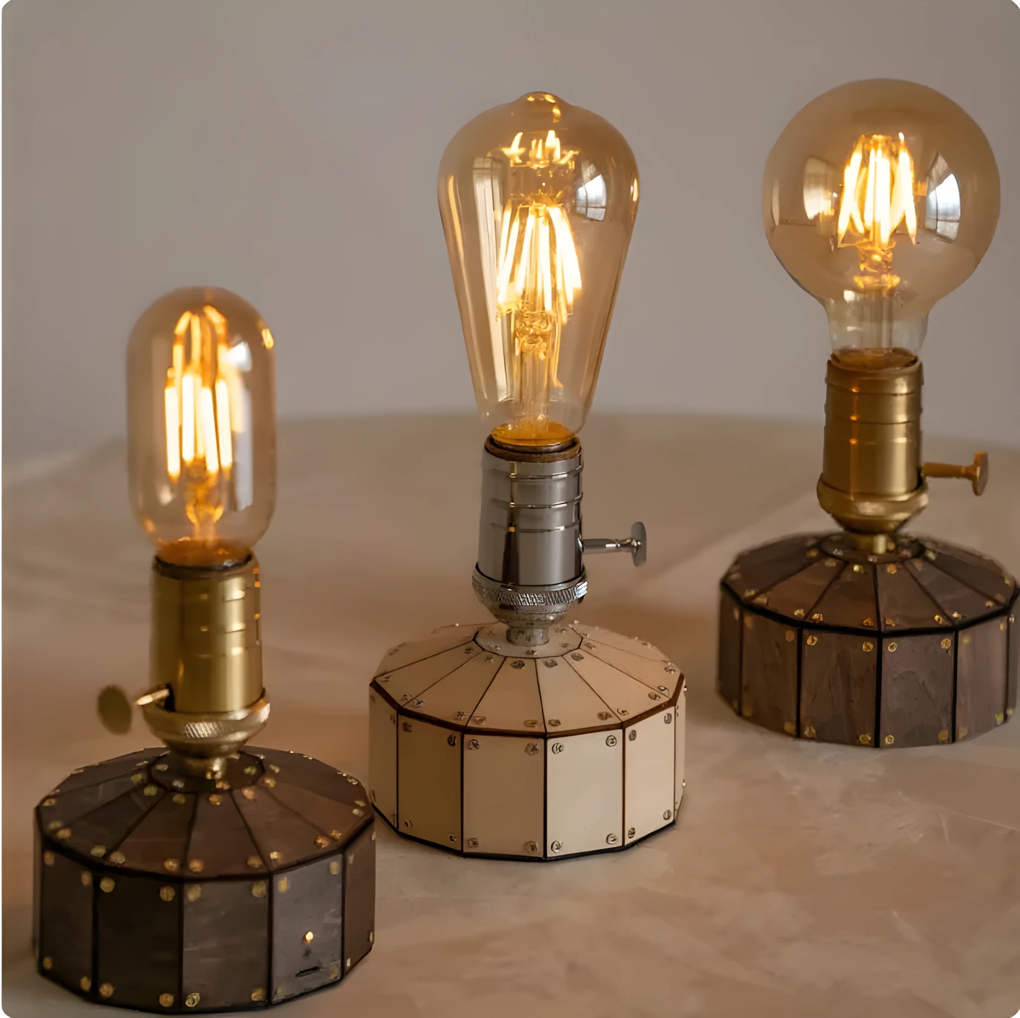 Retro wooden base desk lamp with vintage ST64 LED bulb and USB charging cable.