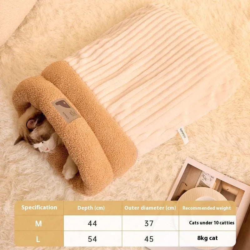 Brown semi-enclosed lambswool pet sleeping bag for cats on a wooden floor.